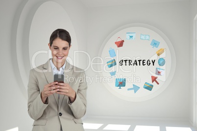 Business woman using a phone in a 3D room with a conceptual graphic on the wall
