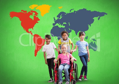 Disabled girl in wheelchair with friends in front of colorful world map