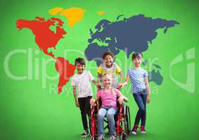 Disabled girl in wheelchair with friends in front of colorful world map