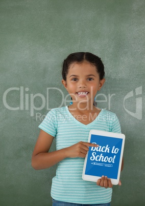 Girl holding a tablet with school icons on screen