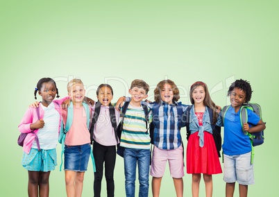 Multicultural School kids  in front of green background