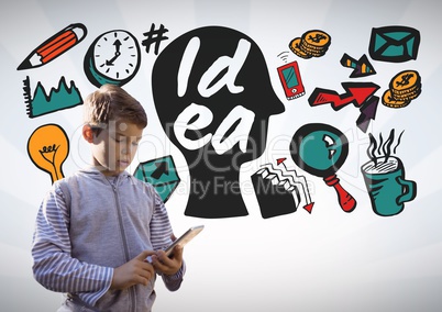 Boy on tablet with colorful idea graphics