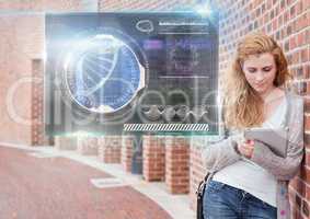 Female Student studying with tablet and science education interface graphics overlay