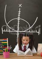 Surprised student girl at table against grey blackboard with education and school graphic