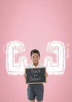 Happy student boy with fists graphic holding a little blackboard against pink background