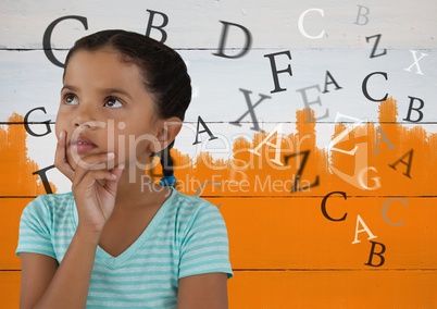 Many letters around Girl thinking in front of orange painted background