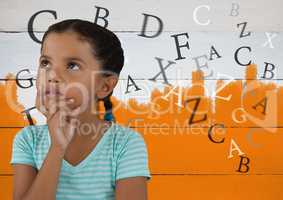 Many letters around Girl thinking in front of orange painted background