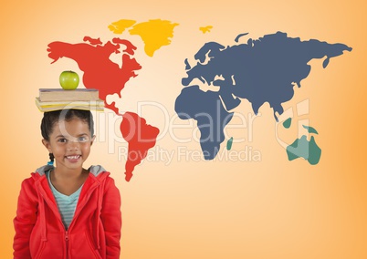 Schoolgirl holding books on head in front of colorful world map