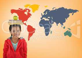 Schoolgirl holding books on head in front of colorful world map