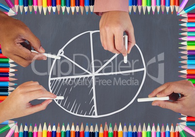 Hands drawing pie chart on blackboard with coloring pencils