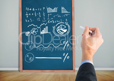 Hand writing math diagrams on blackboard