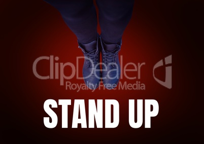 Stand up text and Blue shoes on feet with red background