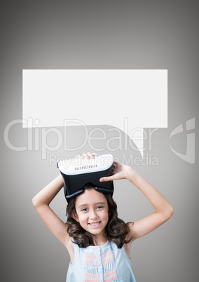 Girl with speech bubble holding a VR headset against grey background