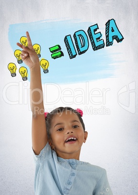 Girl reaching hand up with colorful idea light bulb graphics
