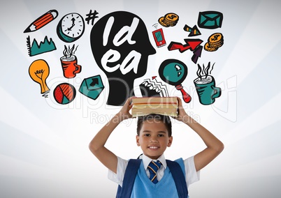 Schoolboy holding books on head with colorful idea graphics