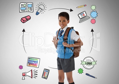 School boy in front of education graphics