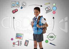 School boy in front of education graphics