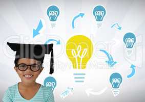 Girl wearing graduation hat with light bulb graphics