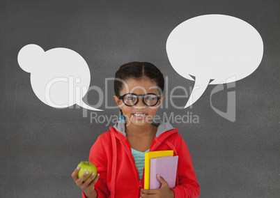 Student girl with speech bubbles standing against grey background