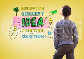Boy looking at colorful creative concept idea text graphics