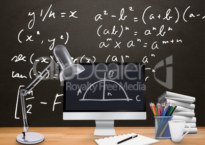 Computer Desk foreground with blackboard graphics of math equations