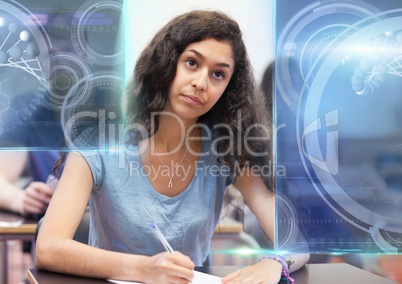Female Student studying with notes and science education interface graphics overlay