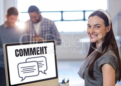 Comment text and chat graphic on computer screen with woman