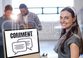 Comment text and chat graphic on computer screen with woman