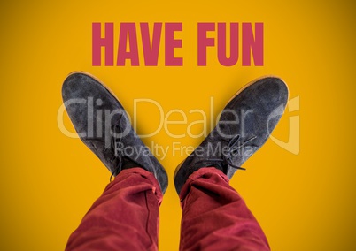 Have fun text and Grey shoes on feet with yellow background
