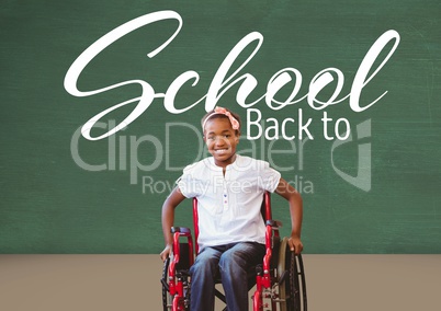 Back to school text on blackboard with disabled girl in wheelchair