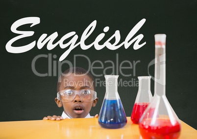 Surprised student boy at table against green blackboard with English text