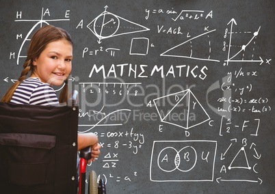 Disabled girl in wheelchair in front of blackboard with mathematics drawings