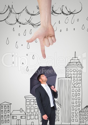 Hand pointing at business man with an umbrella against white background with city and rain illustrat