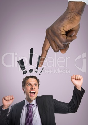 Hand pointing at excited business man against pink background with exclamation icons