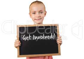 Girl holding blackboard with get involved text