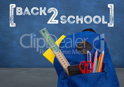 Schoolbag in foreground with blackboard graphics of back 2 school