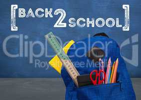 Schoolbag in foreground with blackboard graphics of back 2 school
