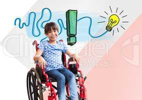 Disabled girl in wheelchair with colorful idea graphics