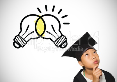 Schoolgirl with graduation hat and light bulbs igniting and clashing together