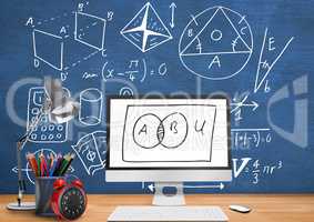 Computer Desk foreground with blackboard graphics of math diagrams