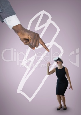 Hand pointing at scared business woman in VR headset against pink background with lightning icon
