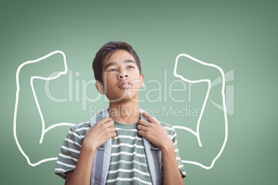 Student boy with fists graphic looking up against green background