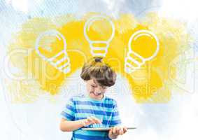 Boy on tablet under light bulbs