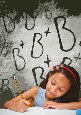 Student girl at table writing against green blackboard with school and education graphic