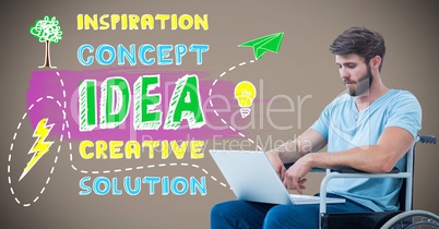 Disabled man in wheelchair with colorful concept idea graphics