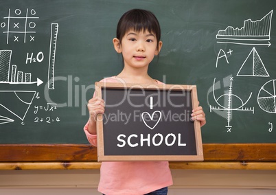 I love school text and little girl with blackboard