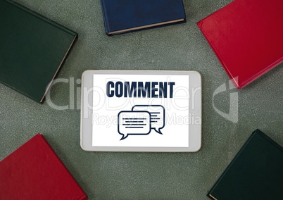 Comment text and chat graphic on tablet screen with books