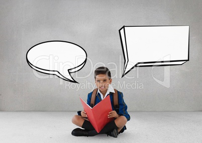 Student boy with speech bubbles sitting against grey background