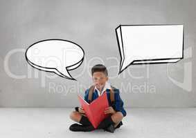 Student boy with speech bubbles sitting against grey background