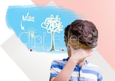 Boy thinking hard with colorful idea graphics